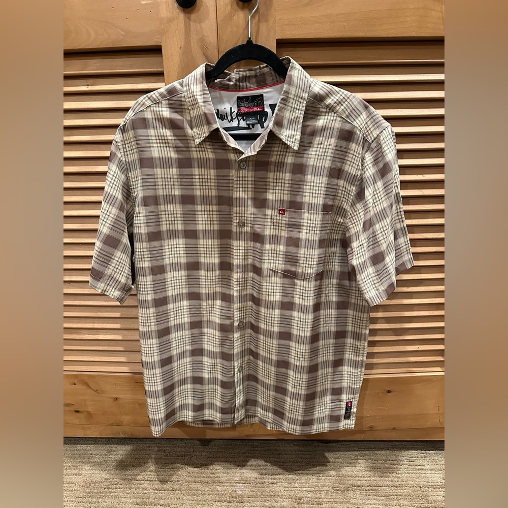 Quiksilver Tan and Brown Plaid Men's Shirt